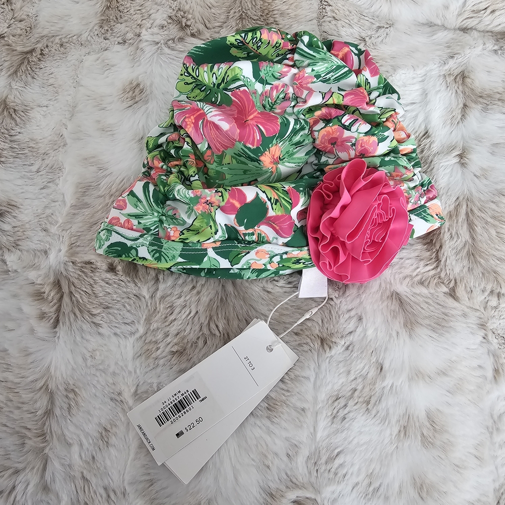 Janie and Jack Green Floral Sun Hat with Pink Flower